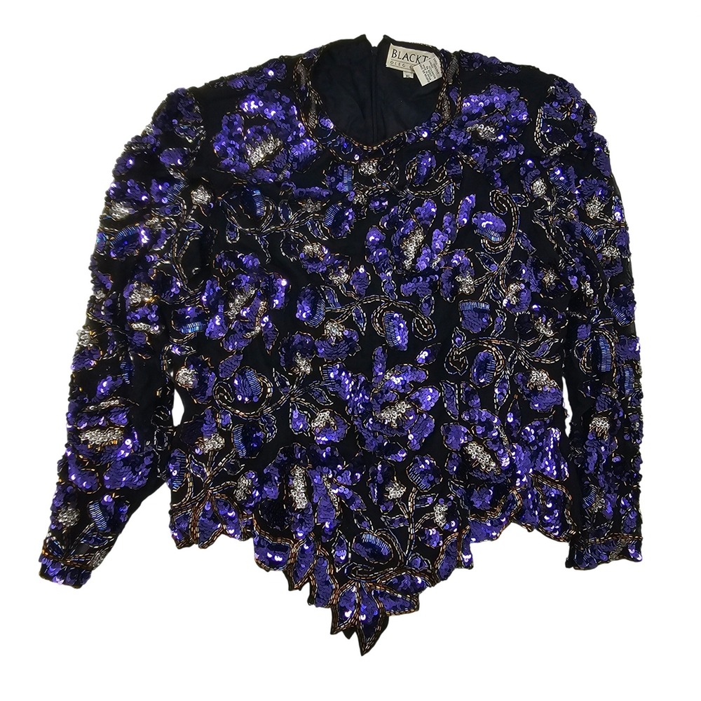 Black‎ Tie Oleg Cassini Vintage Purple Sequin Beaded Silk Floral Top Blouse XL